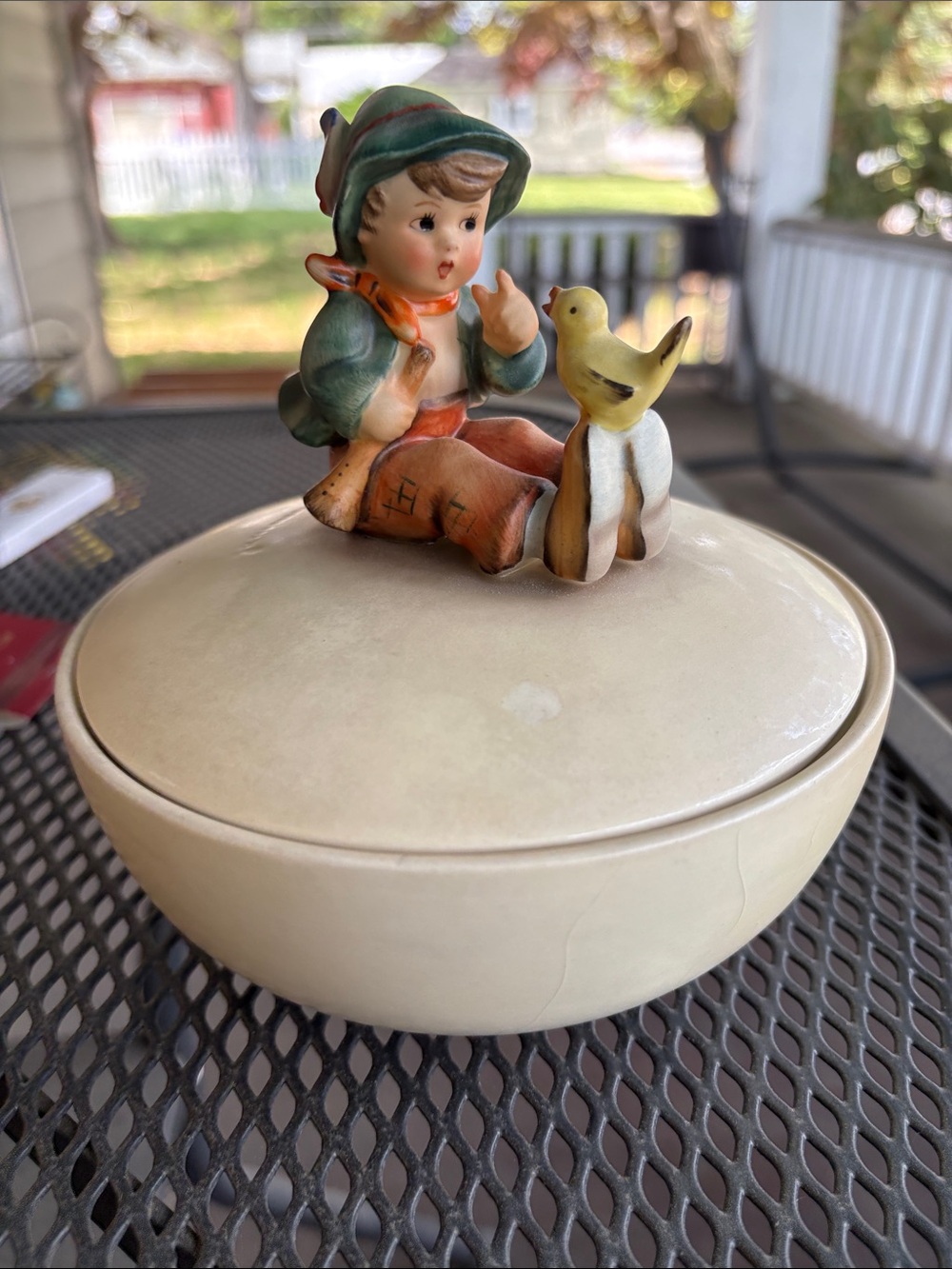Vintage Ceramic Trinket Box with Boy and Bird Figurine